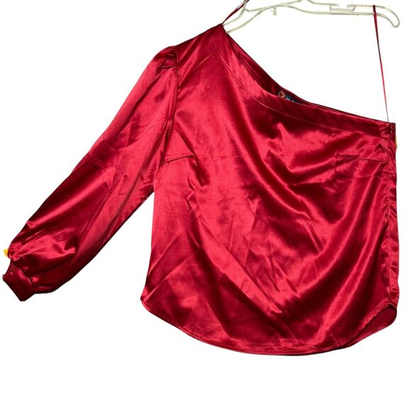 Indigo Poppy One Shoulder Top Womens Medium Satin Asymmetric Blouse Elegant NWT - Picture 2 of 10